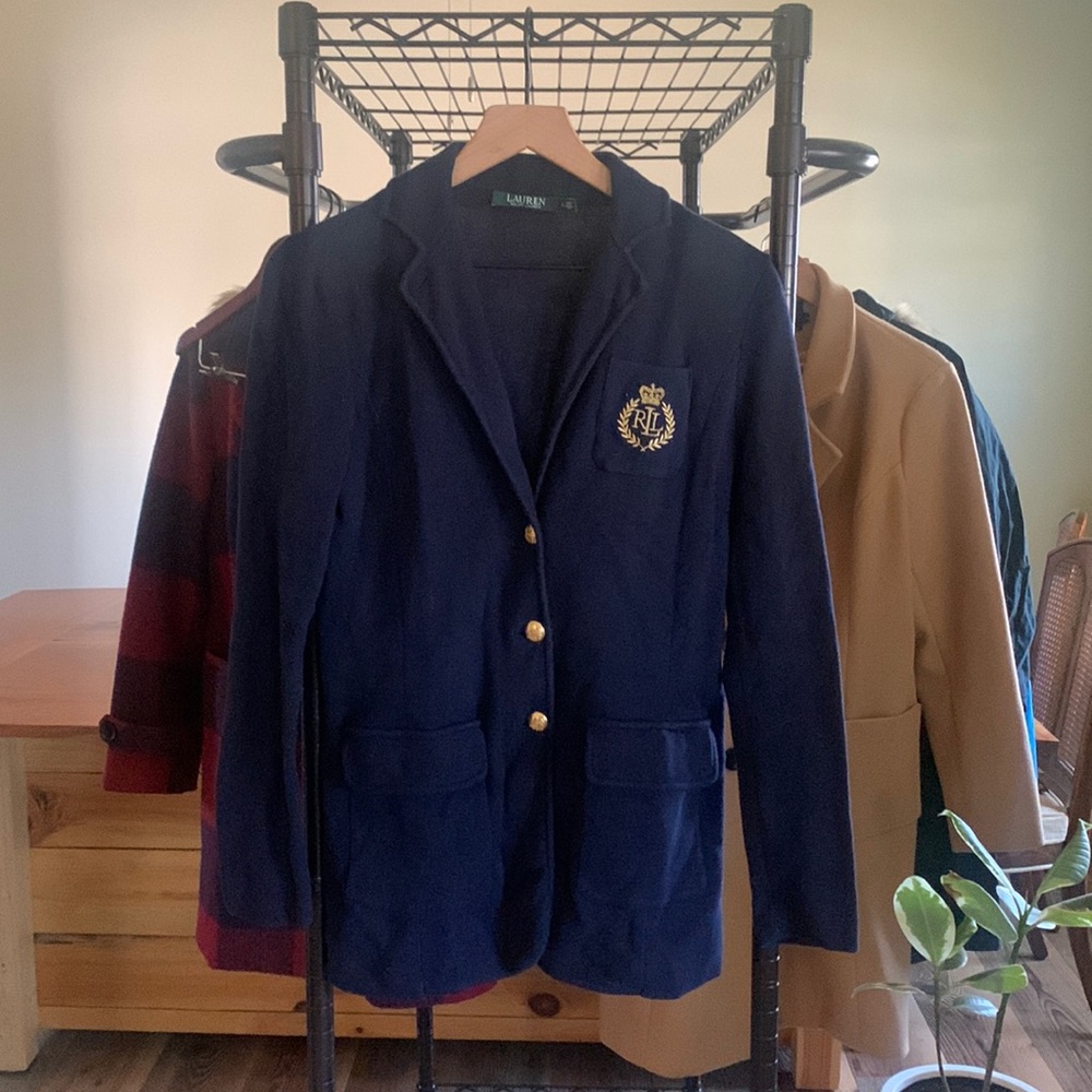 Ralph Lauren blue knit blazer with gold detail. Size small